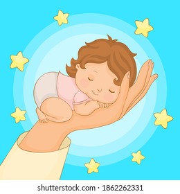 Baby asleep in a hand with stars in the background
