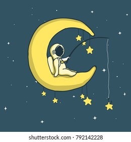 Baby astronaut catches stars on crescent moon.Personage design.Childish vector illustration