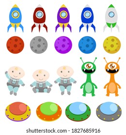 Baby Astronaut Clip Art Elements. Space Adventure New Born. Alien and UFO and Rocket.
