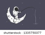 Baby astronaut fishing on the Moon in space sea. Cartoon style. Vector illustration