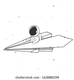 baby astronaut flies on a paper airplane in space.Vector illustration.