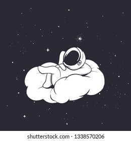 Baby astronaut lies and relaxing on the cloud. Space vector illustration