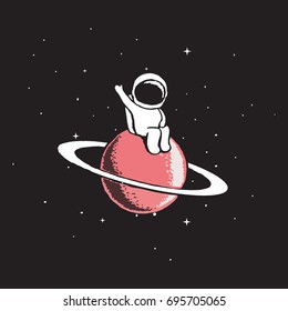 Baby astronaut sits on Saturn and welcomes us.Cosmic character.Space theme vector illustration.Spaceman explore a new planet