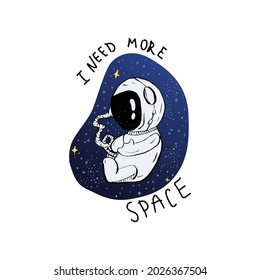 Baby astronaut sleeping in space; Vector hand drawn illustration poster