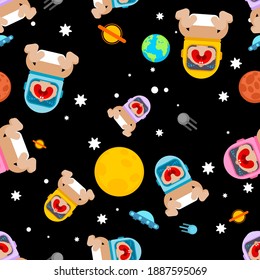Baby astronaut in space pattern seamless. Newborn spaceman background. child in space helmet texture. Baby fabric ornament