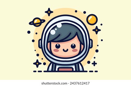 Baby astronaut spaceman kid simple linear bold stroke flat illustration