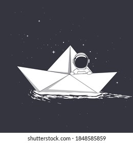 baby astronaut travel on paper boat in space.Vector illustration.