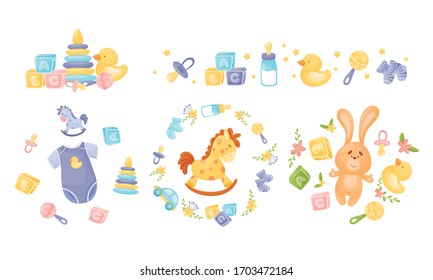 Baby Attributes And Toys With Rattles And Cubes Vector Set