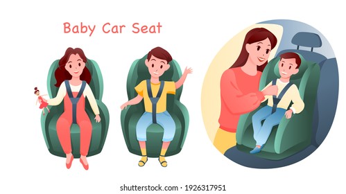 Baby auto car seat vector illustration set. Cartoon safe road travel transportation for child, boy and girl characters sitting in chair with seatbelts, safety for small passengers isolated on white