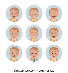  Baby avatars. Child emotions. Set of toddler facial expressions. Cartoon style characters. Vector emoji icons in the circle.