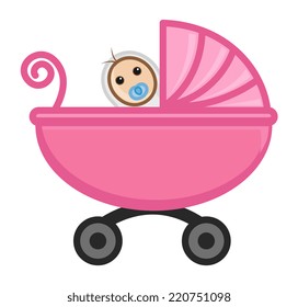 Baby In Babycart - Vector Character Cartoon Illustration