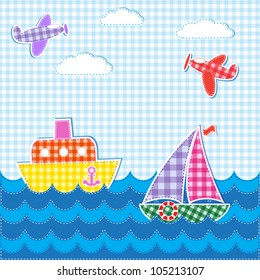 Baby background with aircrafts and ships. Vector textile stickers