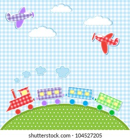 Baby background with aircrafts and train. Vector textile stickers