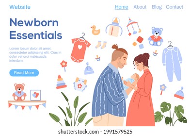 Fondo del bebé. Hermosa madre familiar caucásica feliz, padre recién nacido juntos en blanco. Plantilla de la página de inicio de acceso para accesorios de cuidado infantil plano. Ilustración del vector de la paternidad humana sonriente