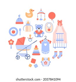Baby background circle concept isolated on white. Flat kids accessories icons set. Clothes crib stroller diaper toy rattle elements design for baby shower greeting card, shop Color vector illustration