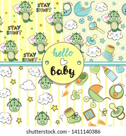 Baby background with clouds and cute dragon seamless backgrounds collection