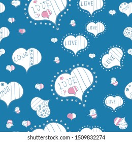 Baby background with colorful hearts. Flat background for design. Sketch heart elements on neutral, blue and white colors. Wrapping paper. Valentine':s day. Vector design. Hearts seamless pattern.