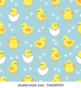 Baby background with cute little chickens. Seamless pattern with yellow chicks in different poses. Vector illustration. 