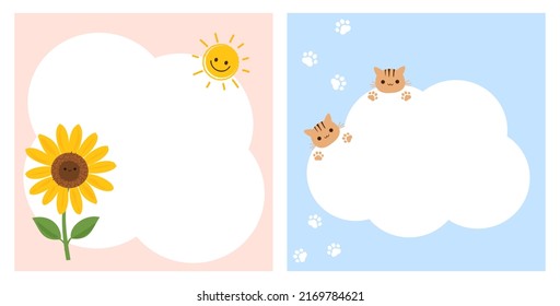 Baby background with sunflower, sun cartoon, cats and pawprints on pink and blue sky vector illustration.