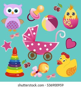 baby background with toys, pram, rattles, pacifier, ball, tumbler