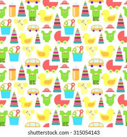 Baby background in trendy flat style. Funny colorful baby pattern. Good for fabric. Stock vector.