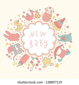 Baby background in vector. Cartoon childish card with bear, bottle, creepers, duck, baby, horse,  pyramid, rabbit, rattle, stork and others
