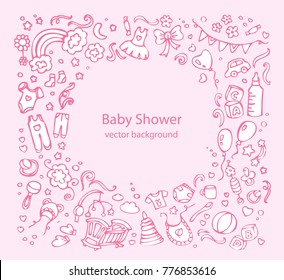 Baby background. Vector doodle sketch, hand drawn card for Baby Shower. It's a Girl design.