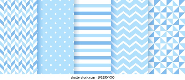 Fondos para bebés. Patrones sin costuras azules. Texturas geométricas para niños. Vector. Conjunto de estampados textiles pastel para niños. Un agradable telón de fondo infantil con puntos de polka, zigzag y rayas. Ilustración moderna.