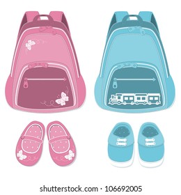 Baby backpack and shoes isolated  on a white background.