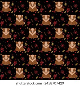 baby badger with heart, flower and bee print , gift paper wrap, digital print, textile print