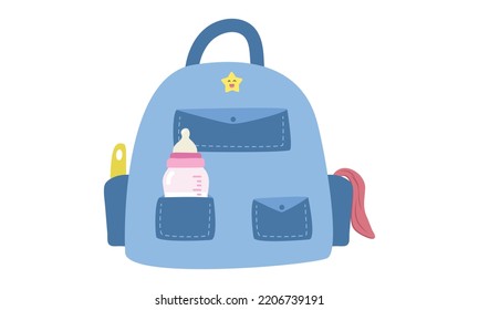 Baby bag clipart. Simple cute blue mother bag with baby's stuff baby bottle, towel, bottle brush flat vector illustration. Baby care bag cartoon style. Kids, newborn and nursery decoration concept