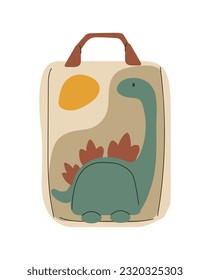 Baby bag with dino in scandinavian style concept. Accessories and item of clothing. Fashion, trend and style. Aesthetics and elegance. Cartoon flat vector illustration isolated on white background