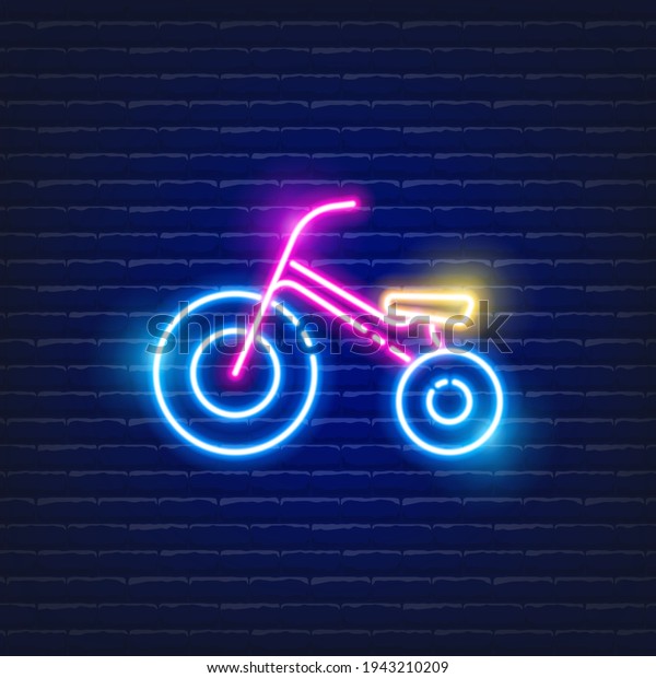 Baby balance Bike\
neon icon. Glowing Vector illustration of child signs for design.\
Children sport concept.