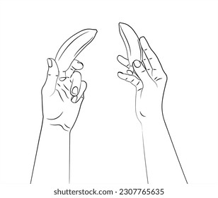 Baby banana. A baby banana in hand. A banana in a human hand. Healthy food. Fruit. Isolated vector illustration white background. Black and white illustration. Line drawing.