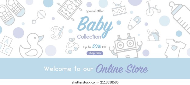 Baby banner with cute icons for baby store, kids clothes, toy accessories, Online special shop, child fashion sale discount special promotion on social media, web advertising store, website template