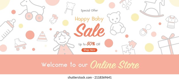 Baby banner with cute icons for baby store, kids clothes, toy accessories, Online special shop, child fashion sale discount special promotion on social media, web advertising store, website template