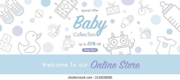 Baby banner design with cute icons for baby store, kids clothes and toys, Online Shopping, Babies fashion sales promotion on social media, web advertisement design, website template, fair and expo.