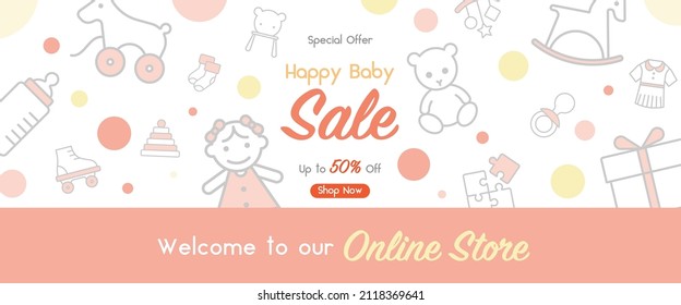 Baby banner design with cute icons for baby store, kids clothes and toys, Online Shopping, Babies fashion sales promotion on social media, web advertisement design, website template, fair and expo.