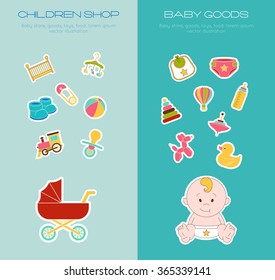Baby Banner. Doodle Elements. Blue Background. Vector Illustration
