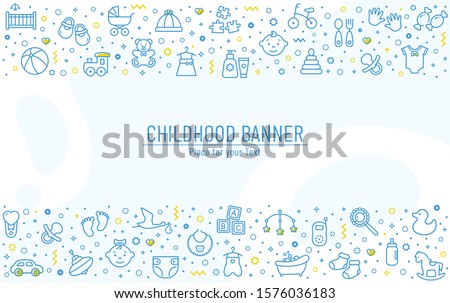 Baby banner with line icons - childrens toys, food, clothes. Newborn and kids, feeding and care themes. Vector horizontal background with outline symbols and copy space.