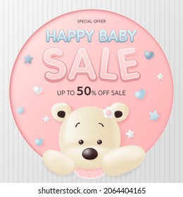 Baby banner template with cute bear for child store, kid clothes and toy, Online shop, children fashion sale discount promotion, special offer, social media post. vector illustration