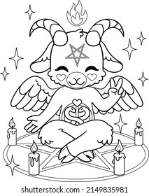 Baby Baphomet with pentagram and candles. Goat as occult satanic symbol. Isolated outline for coloring