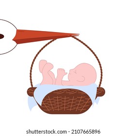 baby in a basket and a stork. holiday event message concept - newborn baby arrival, symbolic bird with beak and basket with toddler. cartoon funny image for congrats