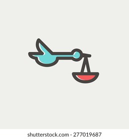 Baby basket and stork icon thin line for web and mobile, modern minimalistic flat design. Vector icon with dark grey outline and offset colour on light grey background.