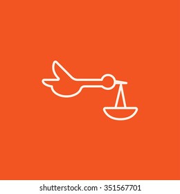 Baby basket with stork line icon for web, mobile and infographics. Vector white icon isolated on red background.
