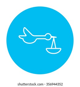Baby basket with stork line icon for web, mobile and infographics. Vector white icon on the light blue circle isolated on white background.