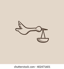 Baby basket with stork sketch icon.