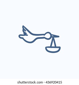 Baby basket with stork vector sketch icon isolated on background. Hand drawn Baby basket with stork icon. Baby basket with stork sketch icon for infographic, website or app.