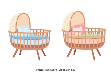 Baby bassinet or crib with mobile vector. Baby bassinet clipart with natural wooden frame, soft canopy, cozy bedding. Baby shower, baby element flat vector in cartoon style.