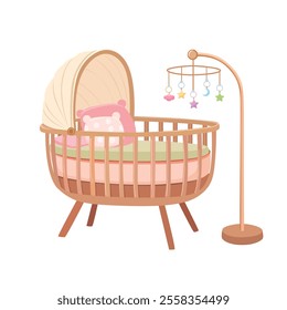 Baby bassinet with mobile vector. Baby bassinet with natural wooden frame, soft canopy, cozy bedding. Hanging mobile with colorful stars, moons, and clouds. Baby shower, baby element flat vector.